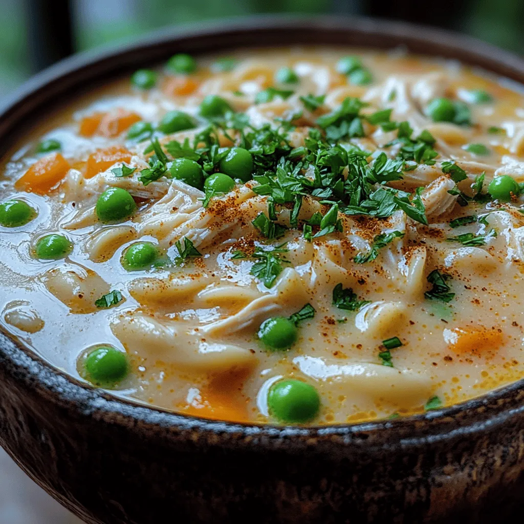 When the temperature begins to dip, and the days grow shorter, there's nothing quite like a warm bowl of soup to provide comfort and nourishment. Comfort food, in its essence, is about more than just the ingredients; it's a feeling—a warm embrace that wraps around you on a chilly day. Among the myriad of comforting dishes, <strong>Creamy Crack Chicken Noodle Soup</strong> stands out as a prime example of a hearty meal that brings satisfaction and joy with every spoonful. This creamy, savory concoction combines tender chicken, perfectly cooked noodles, and a rich, velvety broth, making it an ideal recipe for families or anyone in need of a cozy meal.” /></p>
</p>
<p><strong>Fresh Parsley</strong>: Optional garnish that adds a pop of color and freshness.</p>
</p>
<h3>Preparation Steps in Detail</h3>
</p>
<p>Creating the perfect Creamy Crack Chicken Noodle Soup is a delightful process that brings together flavorful ingredients and cooking techniques. Each step is essential to building depth in the soup and ensuring that every spoonful is bursting with flavor. Here’s a breakdown of the steps to guide you through the cooking process.</p>
</p>
<h4>Cooking the Chicken</h4>
</p>
<p>Start with boneless, skinless chicken breasts for optimal texture and flavor. Season the chicken generously with salt, pepper, and any additional spices you prefer, such as garlic powder or onion powder. This not only enhances the flavor of the chicken but also infuses the soup with aromatic notes as it cooks.</p>
</p>
<p>Heat a tablespoon of olive oil in a large pot over medium heat. Once the oil is shimmering, add the chicken breasts. Cook them for about 5-7 minutes on each side until they reach an internal temperature of 165°F (75°C). This is crucial to ensure that the chicken is fully cooked, safe to eat, and retains moisture. Once cooked, remove the chicken from the pot and set it aside to cool slightly before shredding.</p>
</p>
<h4>Sautéing the Vegetables</h4>
</p>
<p>With the chicken resting, it’s time to build the foundation of flavor for your soup by sautéing the vegetables. In the same pot, add diced onions, minced garlic, and chopped carrots. Sauté these ingredients for about 3-5 minutes, stirring occasionally, until the onions become translucent and the garlic is fragrant. This step is essential; it allows the natural sugars in the vegetables to caramelize slightly, creating a base that adds depth to your soup.</p>
</p>
<p>Next, add chopped celery and continue to cook for another 2-3 minutes. The celery will add a refreshing crunch and additional savory notes that enhance the overall profile of the soup.</p>
</p>
<h4>Adding Broth and Noodles</h4>
</p>
<p>Once the vegetables are nicely sautéed, it’s time to add the broth. Pour in chicken broth or stock, scraping up any brown bits from the bottom of the pot (these bits add additional flavor). Bring the mixture to a boil, and then add your choice of noodles. Egg noodles work particularly well for this recipe, as they absorb flavors beautifully while providing a comforting texture.</p>
</p>
<p>Boil the noodles according to package instructions, usually about 6-8 minutes, until tender but still firm to the bite. Take care not to overcook the noodles, as they will continue to absorb liquid and soften as they sit in the soup.</p>
</p>
<h4>Shredding the Chicken</h4>
</p>
<p>While the noodles are cooking, shred the chicken using two forks or your hands. Shredding it into bite-sized pieces ensures that it distributes evenly throughout the soup, allowing for maximum flavor in each serving. Once shredded, add the chicken back into the pot along with any juices accumulated on the plate. This will deepen the soup’s flavor and keep the chicken moist.</p>
</p>
<h4>Creating the Creamy Base</h4>
</p>
<p>To transform your soup into a creamy delight, it’s time to incorporate the key ingredients: cream cheese and heavy cream. Start by reducing the heat to low and stirring in 8 ounces of cream cheese, cut into cubes. Allow it to melt gently into the broth, stirring continuously to create a smooth consistency.</p>
</p>
<p>Next, pour in 1 cup of heavy cream, stirring until fully combined. This step is crucial as it adds richness and creaminess to the soup, making it incredibly comforting. If the soup is too thick for your liking, feel free to add a bit more broth or water until you reach your desired consistency.</p>
</p>
<h4>Final Adjustments</h4>
</p>
<p>Before serving, always taste your soup and adjust the seasoning as needed. A pinch more salt, a dash of pepper, or even a splash of lemon juice can elevate the flavors and provide a well-rounded dish. Fresh herbs like thyme, dill, or parsley can also be stirred in at this point for added freshness.</p>
</p>
<h3>Serving Suggestions</h3>
</p>
<p>For the best presentation, ladle the Creamy Crack Chicken Noodle Soup into bowls and garnish with freshly chopped parsley. This not only adds a vibrant color contrast but also a hint of freshness that complements the rich flavors of the soup.</p>
</p>
<p>Consider serving this comforting dish with warm crusty bread or a side salad for a complete meal. It’s perfect for cozy dinners, family gatherings, or even as a make-ahead meal for busy weeknights. If desired, sprinkle some grated Parmesan cheese on top for an extra layer of flavor.</p>
</p>
<h3>Nutritional Insights</h3>
</p>
<p>Creamy Crack Chicken Noodle Soup is not only delicious but also packed with nutritional benefits. The chicken is a fantastic source of lean protein, which is essential for muscle repair and overall health. The vegetables contribute essential vitamins and minerals, such as vitamin A from carrots and vitamin K from celery, making this soup a well-rounded meal.</p>
</p>
<p>In terms of portion control, consider serving this soup in moderate-sized bowls, especially if you’re pairing it with bread or salad. Balancing your meal with wholesome sides ensures you enjoy a nutritious dining experience without overindulging.</p>
</p>
<h3>Storing and Reheating Tips</h3>
</p>
<p>If you find yourself with leftovers, store the soup in an airtight container in the refrigerator for up to 3-4 days. Alternatively, you can freeze portions for longer storage, up to 3 months. When freezing, it’s best to leave out the noodles, as they tend to get mushy upon reheating. Instead, cook fresh noodles separately when you’re ready to enjoy the soup again.</p>
</p>
<p>To reheat, gently warm the soup on the stove over low heat, adding a splash of broth or water to restore the creamy consistency if needed. Stir frequently to prevent sticking, and enjoy the comforting aroma as it warms up.</p>
</p>
<h3>Conclusion</h3>
</p>
<p>Creamy Crack Chicken Noodle Soup embodies the essence of comfort food, making it an ideal choice for any day of the week. Its creamy texture, rich flavor, and wholesome ingredients come together to create a meal that is not only satisfying but also nourishing.</p>
</p>
<p>We encourage you to try this recipe and share it with your loved ones. Cooking and enjoying this delicious homemade soup can transform a simple meal into a cherished experience, filled with joy and togetherness. Embrace the simple pleasures of cooking and savor the delightful moments spent around the dinner table.</p>
</div>