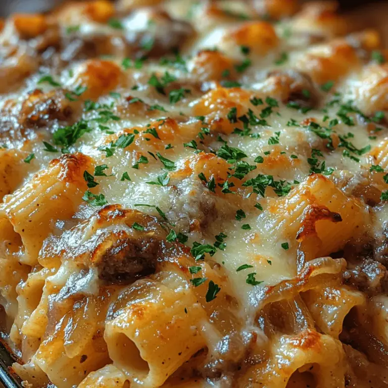 If you're searching for a dish that embodies comfort and satisfaction, look no further than the French Onion Beef Pasta Bake. This delightful recipe marries the rich, savory flavors of classic French onion soup with the heartiness of pasta, creating a meal that is as comforting as it is indulgent. Imagine tender pasta enveloped in a creamy, onion-infused sauce, mingled with ground beef, and generously topped with melty cheese. This dish is not only pleasing to the palate but also visually appealing, making it perfect for family dinners, potlucks, or any gathering where you want to impress your guests.