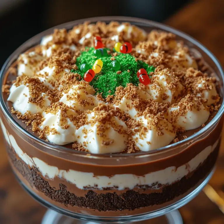 The Chocolatey Earth Delight is not just a dessert; it is a celebration of creativity and fun. This dessert traces its origins to the classic dirt cake, a nostalgic treat that has delighted children and adults alike for decades. Traditionally, dirt cake is a playful concoction made with layers of chocolate pudding, cream cheese, and crushed chocolate sandwich cookies that mimic the look of soil. It often features whimsical garnishes, such as gummy worms that wiggle their way through the "dirt," making it a favorite at birthday parties and Halloween festivities.