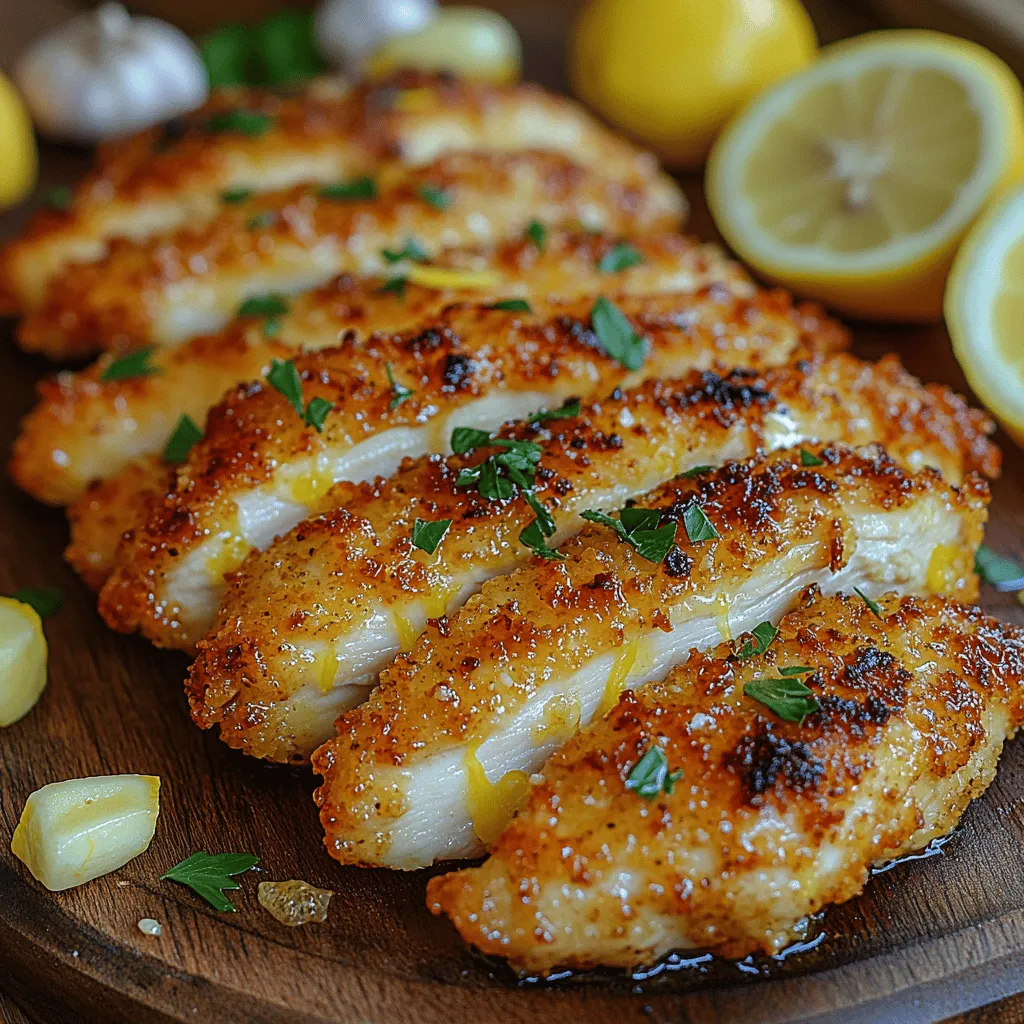 In the world of comfort food, few dishes can rival the appeal of crispy chicken tenders. These beloved strips of chicken are not only a hit with children but also a delightful indulgence for adults. When you elevate the classic chicken tender with vibrant flavors, you create an unforgettable dish that tantalizes the taste buds. Enter the <strong>Zesty Lemon Garlic Parmesan Chicken Tenders</strong> recipe—a perfect marriage of crispy texture and zesty flavor that transforms a familiar favorite into a culinary delight.” /></p>
</p>
<h3>Cooking Methods: Baking vs. Frying</h3>
</p>
<p>Choosing the right cooking technique for your Zesty Lemon Garlic Parmesan Chicken Tenders can significantly impact the final texture and flavor of the dish. Both baking and frying have their advantages, and understanding these can help you decide which method suits your culinary style best.</p>
</p>
<h4>Baking: A Healthier Option with Crisp Results</h4>
</p>
<p>Baking is often considered the healthier option for preparing chicken tenders. When you bake, you can achieve a crispy exterior without the need for excessive oil. This method allows the chicken to cook evenly while retaining moisture, making it tender and juicy inside.</p>
</p>
<p>1. <strong>Preheat Your Oven</strong>: Start by preheating your oven to 400°F (200°C). This high temperature is crucial for achieving that beautiful golden-brown crust.</p>
</p>
<p>2. <strong>Prepare the Baking Sheet</strong>: Line a baking sheet with parchment paper or a silicone mat. This prevents the tenders from sticking and ensures easy cleanup.</p>
</p>
<p>3. <strong>Arrange the Tenders</strong>: Place the coated chicken tenders on the baking sheet, ensuring they are spaced apart. This allows hot air to circulate around each piece, promoting even cooking and crispiness.</p>
</p>
<p>4. <strong>Baking Time</strong>: Bake the chicken tenders for approximately 20-25 minutes, flipping them halfway through. This method allows you to monitor the doneness without the worry of overcooking.</p>
</p>
<h4>Frying: Traditional Method for Ultimate Crunch</h4>
</p>
<p>Frying offers a more traditional approach to cooking chicken tenders and is known for creating an irresistibly crunchy texture. The oil provides a rich flavor and seals in the juices, resulting in a tender interior.</p>
</p>
<p>1. <strong>Heat the Oil</strong>: In a deep skillet or frying pan, heat about 1-2 inches of oil over medium-high heat. The oil should reach a temperature of 350°F (175°C) for optimal frying.</p>
</p>
<p>2. <strong>Fry in Batches</strong>: Carefully add the chicken tenders to the hot oil, ensuring not to overcrowd the pan. Fry in batches to maintain the oil temperature.</p>
</p>
<p>3. <strong>Cooking Time</strong>: Fry for about 4-5 minutes on each side, or until the tenders are golden brown and cooked through. A meat thermometer can be used to ensure that the internal temperature reaches 165°F (75°C).</p>
</p>
<p>4. <strong>Draining Excess Oil</strong>: Once cooked, place the tenders on a plate lined with paper towels to absorb any excess oil.</p>
</p>
<h4>Tips for Perfect Cooking: Temperature and Timing Matters</h4>
</p>
<p>Regardless of the cooking method you choose, there are a few key tips to ensure your chicken tenders turn out perfectly every time:</p>
</p>
<p>– <strong>Use a Meat Thermometer</strong>: This tool is invaluable for checking that your tenders are cooked through. Insert it into the thickest part of the chicken to ensure it reaches at least 165°F (75°C).</p>
</p>
<p>– <strong>Do Not Skip the Resting Period</strong>: After cooking, let the chicken tenders rest for a few minutes. This allows the juices to redistribute, ensuring every bite is succulent and flavorful.</p>
</p>
<p>– <strong>Experiment with Cooking Times</strong>: Remember that cooking times may vary based on the thickness of your chicken tenders and the exact temperature of your cooking method. Adjust accordingly.</p>
</p>
<h3>Drizzling with Lemon Juice</h3>
</p>
<p>The finishing touch that elevates Zesty Lemon Garlic Parmesan Chicken Tenders is a drizzle of fresh lemon juice. This simple step not only enhances the flavor but also adds a refreshing brightness to the dish.</p>
</p>
<h4>How Lemon Juice Enhances Flavor</h4>
</p>
<p>Lemon juice cuts through the richness of the parmesan and butter, providing a balance that makes each bite more dynamic. It adds acidity, which can brighten the overall flavor profile, leaving you with a more complex and satisfying dish.</p>
</p>
<p>– <strong>Fresh is Best</strong>: Always opt for fresh lemon juice over bottled varieties. Fresh juice has a vibrant flavor that can significantly uplift your chicken tenders.</p>
</p>
<p>– <strong>Amount to Use</strong>: A tablespoon or two of lemon juice drizzled over the finished tenders is typically sufficient. Adjust to your taste preference—you can always add more, but you cannot take it away!</p>
</p>
<h4>Serving Suggestions for Added Freshness</h4>
</p>
<p>To complement the zesty flavor of your chicken tenders, consider serving them with lemon wedges. This allows diners to squeeze additional lemon juice over their meal, enhancing the experience. Additionally, a sprinkle of fresh parsley or basil can add a pop of color and freshness.</p>
</p>
<h3>Serving Suggestions and Pairings</h3>
</p>
<p>Creating a complete meal experience involves thoughtful pairing of your chicken tenders with sides and dips that enhance their flavor. Here are some ideas to make your dining experience even more delightful.</p>
</p>
<h4>Ideal Dipping Sauces for Chicken Tenders</h4>
</p>
<p>Dipping sauces can elevate your chicken tenders to new heights. Here are a few options that pair beautifully with the zesty flavor profile:</p>
</p>
<p>– <strong>Garlic Aioli</strong>: A creamy garlic aioli complements the garlic in the chicken tenders and adds a rich, velvety texture.</p>
</p>
<p>– <strong>Lemon Herb Dip</strong>: Mix Greek yogurt with fresh herbs and a squeeze of lemon for a refreshing dip that echoes the flavors of the tenders.</p>
</p>
<p>– <strong>Spicy Honey Mustard</strong>: The sweetness of honey with a kick of mustard is perfect for those who enjoy a little heat.</p>
</p>
<h4>Complementary Side Dishes: Salads, Vegetables, and More</h4>
</p>
<p>A well-balanced meal isn’t complete without sides. Consider these options:</p>
</p>
<p>– <strong>Garden Salad</strong>: A light salad featuring mixed greens, cherry tomatoes, cucumber, and a simple vinaigrette can provide a refreshing contrast to the crispy tenders.</p>
</p>
<p>– <strong>Roasted Vegetables</strong>: Seasonal roasted vegetables, such as asparagus, carrots, or bell peppers, are a nutritious and colorful addition.</p>
</p>
<p>– <strong>Coleslaw</strong>: A crunchy coleslaw can add texture and a tangy flavor that pairs well with the chicken.</p>
</p>
<h4>Beverage Pairings: Enhancing the Dining Experience</h4>
</p>
<p>To round out your meal, consider beverage pairings that complement your Zesty Lemon Garlic Parmesan Chicken Tenders:</p>
</p>
<p>– <strong>White Wine</strong>: A chilled Sauvignon Blanc or Chardonnay can enhance the citrusy flavors of the dish.</p>
</p>
<p>– <strong>Lemonade</strong>: A refreshing homemade lemonade can echo the lemony notes and provide a thirst-quenching counterpart.</p>
</p>
<p>– <strong>Sparkling Water</strong>: For a non-alcoholic option, serve sparkling water with lemon slices for a refreshing palate cleanser.</p>
</p>
<h3>Nutritional Information</h3>
</p>
<p>Understanding the nutritional aspects of your Zesty Lemon Garlic Parmesan Chicken Tenders can help you enjoy this dish guilt-free while also catering to dietary needs.</p>
</p>
<h4>Caloric Breakdown</h4>
</p>
<p>While exact calorie counts can vary based on cooking methods and portion sizes, a typical serving of baked chicken tenders (about four tenders) contains around 300-400 calories. Frying tends to add more calories due to oil absorption.</p>
</p>
<h4>Key Nutrients Provided by the Ingredients</h4>
</p>
<p>The primary ingredients in this recipe contribute several essential nutrients:</p>
</p>
<p>– <strong>Protein</strong>: Chicken is an excellent source of lean protein, vital for muscle repair and growth.</p>
</p>
<p>– <strong>Calcium</strong>: Parmesan cheese adds calcium, which is necessary for strong bones and teeth.</p>
</p>
<p>– <strong>Vitamins</strong>: Garlic and lemon juice provide antioxidants and vitamins, such as vitamin C, which support immune function.</p>
</p>
<h4>Making Healthier Adjustments for Dietary Needs</h4>
</p>
<p>If you need to make adjustments for dietary preferences or restrictions, consider the following:</p>
</p>
<p>– <strong>Gluten-Free Options</strong>: Substitute regular breadcrumbs with gluten-free breadcrumbs or almond flour.</p>
</p>
<p>– <strong>Low-Fat Version</strong>: For a lighter option, use less oil when frying or opt for baking instead. You can also reduce the amount of cheese or use a low-fat version.</p>
</p>
<h3>Conclusion</h3>
</p>
<p>Zesty Lemon Garlic Parmesan Chicken Tenders offer a delightful twist on a beloved dish, combining simple ingredients into a tantalizing meal. Whether you choose to bake or fry, the result is a crispy, flavorful treat that will please diners of all ages. With easy preparation steps and cooking methods outlined, you are now equipped to bring this dish to your kitchen. Enjoy the satisfaction of creating a dish that is not only delicious but also a joy to share with family and friends.</p>
</p>
<p>With the right techniques, serving suggestions, and a touch of lemon, your chicken tenders will shine at any dinner table or gathering. Whether it’s a casual weeknight dinner or a special occasion, these tenders will impress and satisfy all who try them. Dive into this culinary adventure, and relish in the joy of cooking!</p>
</div>