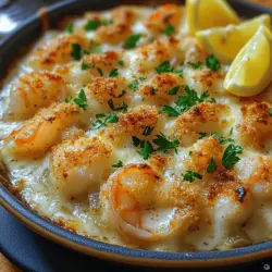 Garlic shrimp gratin is an exquisite dish that merges the succulent flavors of fresh seafood with the rich comfort of creamy sauces and a crispy topping. This indulgent recipe is not only a feast for the palate but also a visual delight that will impress your guests at any dining occasion. The appeal of garlic shrimp gratin lies in its harmonious blend of textures and flavors: tender shrimp bathed in a velvety sauce, topped with a golden-brown crust that delivers an irresistible crunch with every bite.