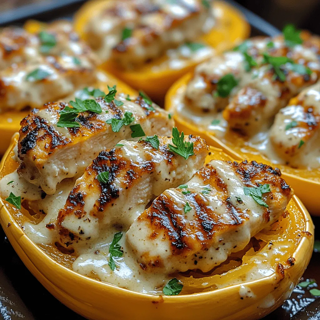 As the culinary world increasingly embraces health-conscious eating, traditional pasta dishes are being reimagined to cater to a wider audience looking for nutritious alternatives without sacrificing flavor. Among these innovative adaptations, <strong>Creamy Chicken Alfredo Spaghetti Squash</strong> stands out as a delightful low-carb option that satisfies cravings while keeping your meal light and healthy. This recipe not only brings the rich, comforting flavors of classic Alfredo sauce to your plate but also incorporates spaghetti squash, a vegetable that mimics the texture of pasta, making it a perfect substitute.” /></p>
</p>
<h3>Tips for Ensuring the Chicken Remains Juicy and Tender</h3>
</p>
<p>To achieve juicy and tender chicken in your Creamy Chicken Alfredo Spaghetti Squash, it’s important to follow specific techniques during the cooking process. Start by selecting the right cut of chicken; boneless, skinless chicken breasts are a popular choice for their lean quality and ease of cooking.</p>
</p>
<p>1. <strong>Marinate the Chicken</strong>: Prior to cooking, marinate the chicken in olive oil, lemon juice, salt, and pepper for at least 30 minutes. This not only enhances flavor but also helps to tenderize the meat.</p>
</p>
<p>2. <strong>Use Medium Heat</strong>: When cooking the chicken, opt for medium heat. High heat can cause the outside to cook too quickly, leading to a dry interior. Cooking slowly allows the chicken to cook evenly throughout.</p>
</p>
<p>3. <strong>Don’t Overcook</strong>: Use a meat thermometer to ensure your chicken reaches an internal temperature of 165°F (75°C). Overcooking can lead to dry, tough pieces of chicken. Once cooked, allow the chicken to rest for at least five minutes before slicing. This helps retain the juices within the meat.</p>
</p>
<p>4. <strong>Sautéing Technique</strong>: For a golden crust and juicy interior, sear your chicken for about 5-7 minutes on each side. You want a nice browning, which adds flavor while keeping the inside tender.</p>
</p>
<h3>Crafting the Alfredo Sauce</h3>
</p>
<p>The Alfredo sauce is the heart of this dish, bringing together the flavors of the chicken and spaghetti squash in a velvety, creamy embrace. Here’s how to create this delicious sauce from scratch.</p>
</p>
<h4>Explanation of the Sauce-Making Process</h4>
</p>
<p>The beauty of homemade Alfredo sauce lies in its simplicity. Traditional recipes often rely heavily on heavy cream, but we can achieve a creamy texture using healthier alternatives. Here’s how:</p>
</p>
<p>1. <strong>Sauté Garlic</strong>: Begin by heating a tablespoon of olive oil or butter in a medium saucepan over medium heat. Add minced garlic (approximately 2-3 cloves) and sauté until fragrant, about 1 minute. Garlic is essential here, as it not only provides a robust flavor but also complements the richness of the cheese.</p>
</p>
<p>2. <strong>Creating the Creamy Base</strong>: Instead of heavy cream, we’ll use a combination of low-fat milk (or unsweetened almond milk for a dairy-free option) and cream cheese. Whisk together 1 cup of milk and 4 ounces of cream cheese in the saucepan until smooth. This combination provides a creamy texture without the extra calories.</p>
</p>
<p>3. <strong>Thickening the Sauce</strong>: To thicken the sauce, bring the mixture to a gentle simmer while stirring constantly. Once it begins to thicken, reduce the heat to low. You can also add a teaspoon of cornstarch mixed with a tablespoon of water if you prefer an even thicker sauce.</p>
</p>
<p>4. <strong>Incorporating Parmesan Cheese</strong>: Gradually add in 1 cup of freshly grated Parmesan cheese, whisking continuously until it melts and integrates completely. This will impart a rich flavor and creamy consistency to your sauce.</p>
</p>
<p>5. <strong>Variations</strong>: For those looking to enhance their Alfredo sauce further, consider adding spinach or mushrooms. Simply sauté these ingredients in the same pan before adding the cream mixture. Spinach adds nutrients and color, while mushrooms add an earthy flavor that complements the dish beautifully.</p>
</p>
<h3>Combining the Dish</h3>
</p>
<p>Now that you have your spaghetti squash cooked and your flavorful chicken and creamy Alfredo sauce prepared, it’s time to bring everything together.</p>
</p>
<p>1. <strong>Shredding the Spaghetti Squash</strong>: Once your spaghetti squash is cooked and cooled, use a fork to gently scrape the flesh, creating spaghetti-like strands. This should result in about 4 cups of ‘noodles.’</p>
</p>
<p>2. <strong>Mixing it All Together</strong>: In a large mixing bowl, combine the shredded spaghetti squash, sliced chicken, and Alfredo sauce. Use tongs or a spatula to gently fold the ingredients together, ensuring that every strand is coated with the creamy sauce and every piece of chicken is evenly distributed.</p>
</p>
<p>3. <strong>Achieving Ideal Consistency</strong>: If the mixture seems too thick, you can loosen it by adding a splash of reserved pasta water or additional milk. The goal is to have a creamy, saucy dish that isn’t overly dry.</p>
</p>
<p>4. <strong>Presentation</strong>: When serving, consider using a large, shallow dish for an appealing presentation. Garnish with fresh parsley or basil for a pop of color and a sprinkle of extra Parmesan cheese to enhance the visual appeal.</p>
</p>
<h3>Nutritional Information</h3>
</p>
<p>Understanding the nutritional content of your meal can help reinforce the benefits of this dish. Here’s a breakdown of the nutritional information per serving:</p>
</p>
<p>– <strong>Calories</strong>: Approximately 380 calories</p>
<p>– <strong>Protein</strong>: 30 grams</p>
<p>– <strong>Carbohydrates</strong>: 25 grams</p>
<p>– <strong>Fat</strong>: 18 grams</p>
<p>– <strong>Fiber</strong>: 5 grams</p>
</p>
<p>In comparison to traditional Chicken Alfredo pasta, which can range between 600-800 calories per serving, this spaghetti squash version significantly reduces calories while providing more fiber and nutrients. The low-carb nature of spaghetti squash also makes this meal suitable for those following a low-carb or ketogenic diet, ensuring you stay aligned with your health goals.</p>
</p>
<h3>Serving Suggestions</h3>
</p>
<p>To elevate your dining experience, consider these side dishes and beverage pairings:</p>
</p>
<p>1. <strong>Side Dishes</strong>:</p>
<p>– <strong>Garlic Bread</strong>: A classic pairing, garlic bread complements the creamy sauce beautifully.</p>
<p>– <strong>Caesar Salad</strong>: A crisp Caesar salad with crunchy croutons and a zesty dressing provides a refreshing contrast.</p>
<p>– <strong>Roasted Vegetables</strong>: Serve alongside a medley of roasted seasonal vegetables like zucchini, bell peppers, and Brussels sprouts for added nutrition and flavor.</p>
</p>
<p>2. <strong>Beverage Pairings</strong>:</p>
<p>– <strong>White Wine</strong>: A chilled glass of Chardonnay or Sauvignon Blanc pairs wonderfully with the richness of the Alfredo sauce.</p>
<p>– <strong>Sparkling Water</strong>: For a non-alcoholic option, consider sparkling water with a slice of lemon or lime to cleanse the palate.</p>
</p>
<h3>Conclusion</h3>
</p>
<p>The Creamy Chicken Alfredo Spaghetti Squash is a delightful and satisfying alternative to traditional pasta dishes. Not only does it bring together the comforting flavors of Alfredo sauce and chicken, but it also offers a healthier twist by utilizing spaghetti squash, significantly reducing calories while increasing fiber and nutrients.</p>
</p>
<p>This dish is perfect for those looking to indulge in a creamy, delicious meal without compromising their health goals. With easy-to-follow instructions and the potential for various adaptations, it’s a recipe worth trying. You’ll impress your family and friends with a dish that is both nourishing and indulgent. So grab your ingredients and enjoy crafting this tasty meal—it’s a culinary experience you won’t want to miss!</p>
</div>