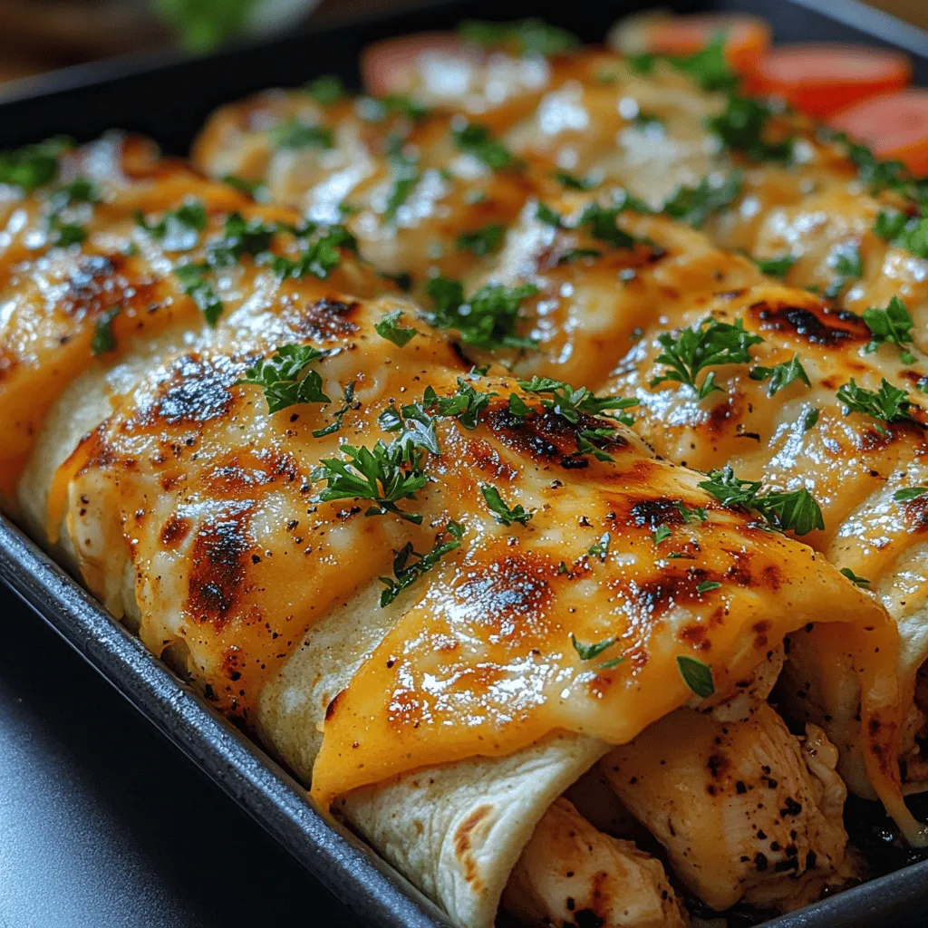In today's fast-paced world, we often find ourselves yearning for quick, yet satisfying meals that don’t compromise on flavor. Enter <strong>Cheesy Garlic Chicken Wraps</strong> — a delightful fusion of tender chicken, melty cheese, and aromatic garlic, all wrapped up in a soft tortilla. This dish is not only easy to prepare, but it also caters to the taste buds of both the young and the young at heart. Whether you’re looking for a delicious lunch option, a quick dinner solution, or a fun dish to serve at a gathering, these wraps are sure to impress.” /></p>
</p>
<h3>Tips for Ensuring Chicken is Perfectly Cooked</h3>
</p>
<p>Cooking chicken to perfection is a vital step in creating delicious Cheesy Garlic Chicken Wraps. To ensure your chicken is fully cooked without being dry, follow these tips:</p>
</p>
<p>1. <strong>Check for Doneness</strong>: Use a meat thermometer to check the internal temperature of the chicken. It should register at least 165°F (75°C). Insert the thermometer into the thickest part of the breast to get an accurate reading.</p>
</p>
<p>2. <strong>Cutting for Testing</strong>: If you don’t have a thermometer handy, you can cut into the thickest part of the chicken. The juices should run clear, and the meat should no longer be pink.</p>
</p>
<p>3. <strong>Resting Time</strong>: After cooking, allow the chicken to rest for 5-10 minutes. This helps the juices redistribute, ensuring moist and tender chicken when you slice it.</p>
</p>
<h3>Melting the Cheese</h3>
</p>
<p>Melting cheese is a crucial component that elevates the flavor of your wraps. Here’s how to achieve that perfect melt:</p>
</p>
<p>1. <strong>Cheese Selection</strong>: Choose a cheese that melts well, such as mozzarella or Monterey Jack. These cheeses not only melt beautifully but also provide a creamy texture that complements the savory chicken.</p>
</p>
<p>2. <strong>Layering the Cheese</strong>: When assembling your wraps, layer the cheese on top of the hot chicken. The residual heat will begin to melt the cheese, creating a delicious gooey texture.</p>
</p>
<p>3. <strong>Avoiding Overcooking</strong>: To achieve a perfect cheese melt without overcooking the chicken, consider using a lid over the skillet for a couple of minutes after adding the cheese. This traps steam and helps melt the cheese while the chicken continues to cook gently.</p>
</p>
<p>4. <strong>Texture Contrast</strong>: The combination of juicy, tender chicken and melted cheese creates a delightful contrast in textures. The creaminess of the cheese pairs perfectly with the hearty chicken, resulting in a satisfying bite.</p>
</p>
<h3>Tortilla Preparation and Wrap Assembly</h3>
</p>
<h4>Toasting the Tortillas</h4>
</p>
<p>Toasting your tortillas is essential for enhancing both texture and flexibility. Here’s how to do it right:</p>
</p>
<p>1. <strong>Benefits of Toasting</strong>: Toasting tortillas helps to improve their structure, making them less likely to tear when you wrap them around the filling. It also adds a subtle, nutty flavor that enhances the overall taste of your wraps.</p>
</p>
<p>2. <strong>How to Toast Without Tearing</strong>: Heat a dry skillet over medium heat. Place the tortilla in the skillet for about 30 seconds on each side until warm and slightly golden. Avoid overcooking, as this can lead to brittle tortillas. Keep an eye on them, and flip as needed.</p>
</p>
<h4>Assembling the Wraps</h4>
</p>
<p>Once your tortillas are toasted, it’s time to assemble the wraps. Follow these step-by-step instructions:</p>
</p>
<p>1. <strong>Layering the Filling</strong>:</p>
<p>– Start by placing a generous portion of the cheesy garlic chicken in the center of the tortilla.</p>
<p>– Add additional toppings such as fresh lettuce, diced tomatoes, or sliced avocado for added flavor and crunch.</p>
<p>– Sprinkle a little extra cheese on top if desired.</p>
</p>
<p>2. <strong>Visualizing the Perfect Wrap Fold</strong>:</p>
<p>– To fold the wrap securely, first, fold in the sides of the tortilla over the filling. Then, starting from the bottom, roll the tortilla tightly upward while tucking in the filling as you go.</p>
<p>– Ensure that the wrap is snug but not overly tight, which could cause tearing.</p>
</p>
<h3>Final Toast and Serving Suggestions</h3>
</p>
<p>After assembling your wraps, a final toasting step will provide an irresistible crispy texture:</p>
</p>
<p>1. <strong>Final Cooking Step</strong>: Place the assembled wraps seam-side down in the same skillet over medium heat. Toast for 2-3 minutes on each side until golden brown and crispy. This step not only enhances texture but also helps seal the wraps.</p>
</p>
<p>2. <strong>Serving Temperature and Presentation</strong>: Serve your cheesy garlic chicken wraps hot, straight from the skillet. Cut each wrap in half diagonally for an appealing presentation.</p>
</p>
<p>3. <strong>Importance of Garnishing</strong>: Don’t forget to garnish your wraps with freshly chopped parsley or cilantro for a pop of color and added flavor.</p>
</p>
<p>4. <strong>Suggested Pairings</strong>: These wraps pair wonderfully with side dishes like a fresh garden salad, sweet potato fries, or a zesty salsa. You can also serve them with creamy dips such as ranch dressing or guacamole for extra flavor.</p>
</p>
<h3>Nutritional Information</h3>
</p>
<p>Understanding the nutritional content of your Cheesy Garlic Chicken Wraps can help you make informed choices. Here’s a breakdown:</p>
</p>
<p>– <strong>Calories</strong>: Approximately 400-500 calories per wrap, depending on the specific ingredients used.</p>
<p>– <strong>Protein</strong>: Each wrap contains about 30 grams of protein, making it a satisfying meal option.</p>
<p>– <strong>Fats</strong>: The fat content can vary, mainly depending on the cheese and any added dressings or toppings. Expect around 15-20 grams of fat.</p>
<p>– <strong>Carbohydrates</strong>: Each wrap has about 30-40 grams of carbohydrates, primarily from the tortilla.</p>
</p>
<h4>Making It Healthier</h4>
</p>
<p>To make this dish lighter, consider these alternatives:</p>
</p>
<p>– <strong>Low-Fat Cheese Options</strong>: Substitute regular cheese with low-fat or part-skim varieties to reduce calorie and fat content.</p>
<p>– <strong>Incorporating More Veggies</strong>: Add additional vegetables like spinach, bell peppers, or mushrooms to increase fiber and nutrients without significantly impacting calories.</p>
</p>
<h3>Conclusion</h3>
</p>
<p>Cheesy Garlic Chicken Wraps are not just a quick meal option; they are a delicious way to enjoy a variety of flavors and textures in every bite. With their cheesy goodness and savory chicken, these wraps are perfect for a weeknight dinner or a weekend gathering with friends and family.</p>
</p>
<p>Feel free to experiment with different fillings and flavors, such as adding spicy jalapeños, swapping out the chicken for grilled shrimp, or using different types of cheese. The possibilities are endless, and the joy of cooking at home allows you to create your own unique twist on this recipe.</p>
</p>
<p>So roll up your sleeves and get ready to enjoy a delightful meal that is sure to impress. Happy cooking!</p>
</div>
