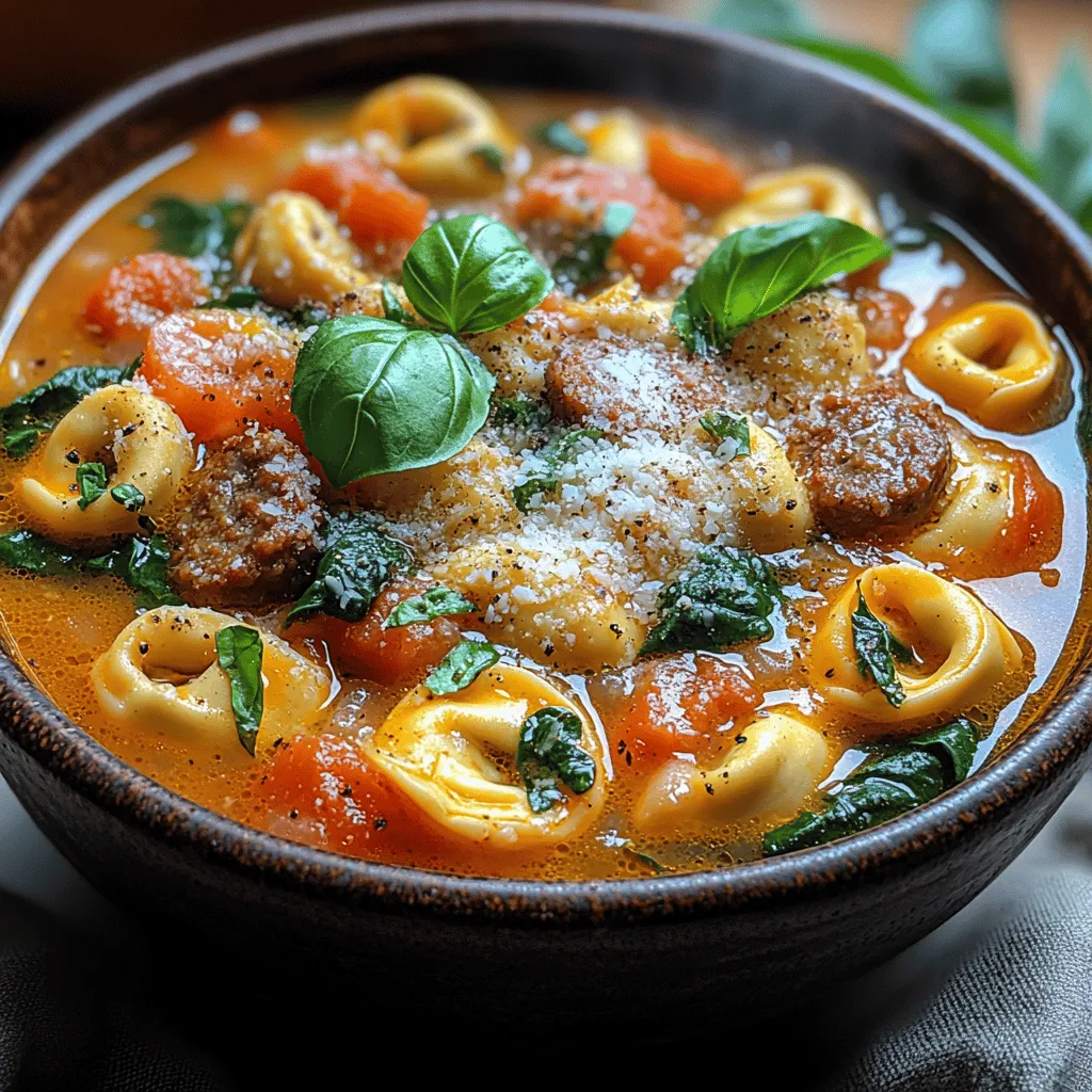 To truly appreciate <strong>Hearty Sausage Tortellini Soup</strong>, one must understand the origins of its star ingredient: tortellini. This beloved Italian pasta dates back centuries and is traditionally filled with a mixture of meats, cheese, and vegetables. Originating from the Emilia-Romagna region, tortellini has evolved through the years, embracing various fillings and sauces that cater to diverse palates. This cultural connection not only enriches the dish but also invites a touch of Italy into your kitchen, allowing you to partake in a rich culinary tradition that celebrates family, flavor, and togetherness.” /></p>
</p>
<h3>Serving Suggestions for Hearty Sausage Tortellini Soup</h3>
</p>
<p>When it comes to presenting your Hearty Sausage Tortellini Soup, the visual appeal can elevate the dining experience. Start by ladling the soup into deep, rustic bowls that highlight its vibrant colors. A sprinkle of freshly chopped parsley or basil on top adds a burst of green and a hint of freshness that enhances the soup’s aesthetic. For an extra touch of elegance, consider a drizzle of high-quality extra virgin olive oil or a dollop of pesto just before serving.</p>
</p>
<p>For a delightful crunch, serve a side of toasted baguette slices or garlic bread, which are perfect for dipping into the hearty broth. You can also add a sprinkle of grated Parmesan cheese on top of the soup for a rich, savory finish. The combination of flavors and textures will not only satisfy the palate but also create an inviting table setting.</p>
</p>
<h3>Nutritional Benefits of Hearty Sausage Tortellini Soup</h3>
</p>
<p>This Hearty Sausage Tortellini Soup is not just delicious but also packed with nutritional benefits. Let’s explore the health advantages offered by its key ingredients.</p>
</p>
<h4>Protein</h4>
</p>
<p>The sausage and tortellini in this recipe are excellent sources of protein, which is essential for muscle repair and growth, hormone production, and maintaining a healthy immune system. Sausages made from lean meats, like turkey or chicken, can provide a hearty dose of protein without excessive fat. Tortellini, often made from enriched pasta, adds to the protein content, creating a balanced meal that supports energy levels and overall health.</p>
</p>
<h4>Vegetables</h4>
</p>
<p>The vegetables included in the soup—such as carrots, celery, and spinach—are rich in vitamins and minerals. Carrots provide beta-carotene, which is converted into vitamin A, essential for vision and immune function. Celery is a great source of antioxidants and vitamins C and K, while spinach is loaded with iron, calcium, and vitamins A and C. This combination of vegetables not only enhances the flavor but also fortifies the soup with vital nutrients that contribute to overall health.</p>
</p>
<h4>Fiber</h4>
</p>
<p>Incorporating fresh greens and vegetables into the soup is crucial for digestive health. Fiber helps regulate bowel movements, aids in weight management, and lowers the risk of chronic diseases. The variety of vegetables in this Hearty Sausage Tortellini Soup ensures a good intake of dietary fiber, promoting a feeling of fullness and contributing to overall well-being.</p>
</p>
<h4>Customization for Dietary Needs</h4>
</p>
<p>This recipe is versatile, allowing for easy customization to fit various dietary preferences. For a vegetarian version, substitute the sausage with plant-based sausage or omit it entirely, adding more vegetables like zucchini or bell peppers for added texture and flavor. To make the soup gluten-free, replace traditional tortellini with gluten-free pasta options, ensuring everyone can enjoy this hearty dish without worry.</p>
</p>
<h3>Serving and Pairing Suggestions</h3>
</p>
<p>To create a well-rounded meal, consider pairing your Hearty Sausage Tortellini Soup with complementary side dishes that enhance the flavors of the soup.</p>
</p>
<p>– <strong>Side Dishes</strong>: A simple green salad drizzled with balsamic vinaigrette can provide a refreshing contrast to the richness of the soup. A Caesar salad with crunchy croutons and creamy dressing is another excellent choice that pairs beautifully with the hearty nature of the dish.</p>
</p>
<p>– <strong>Breads</strong>: For a satisfying accompaniment, serve crusty baguette slices, perfect for soaking up the flavorful broth. Garlic bread is also an excellent choice, adding a savory element that complements the soup’s flavors. If you prefer something lighter, consider serving warm, fluffy dinner rolls.</p>
</p>
<p>– <strong>Wine Pairings</strong>: Elevating your dining experience with the right wine can make a significant difference. A medium-bodied red wine, such as Chianti or Merlot, pairs wonderfully with the savory notes of the sausage and the richness of the broth. If you prefer white wine, a crisp Sauvignon Blanc or a light Pinot Grigio can also complement the dish nicely.</p>
</p>
<h3>Storing and Reheating Hearty Sausage Tortellini Soup</h3>
</p>
<p>Making a large batch of Hearty Sausage Tortellini Soup is a great idea, and knowing how to store and reheat it properly will ensure it remains delicious.</p>
</p>
<h4>Best Practices for Storing Leftovers</h4>
</p>
<p>To maintain the soup’s flavor and texture, allow it to cool completely before transferring it to airtight containers. Store leftovers in the refrigerator for up to three days. For longer storage, consider freezing the soup—just be sure to leave some space in the container, as the soup will expand when frozen. Properly stored, the soup can last up to three months in the freezer.</p>
</p>
<h4>Refrigeration and Freezing Tips</h4>
</p>
<p>When freezing, it’s wise to portion the soup into individual servings. This allows for easy reheating and helps prevent waste. Label the containers with the date and contents for quick identification. If you use tortellini, note that the texture may change slightly upon thawing, but it will still be delicious!</p>
</p>
<h4>Reheating Methods</h4>
</p>
<p>For reheating, the stovetop method is recommended to maintain the soup’s original flavors. Simply transfer the desired amount to a saucepan, add a splash of water or broth if needed, and heat over medium heat until warmed through. Stir occasionally to ensure even heating. If you choose to use a microwave, place the soup in a microwave-safe bowl, cover it loosely, and heat in intervals, stirring in between to ensure even warming.</p>
</p>
<h4>Flavor Development Over Time</h4>
</p>
<p>Interestingly, Hearty Sausage Tortellini Soup often tastes even better the next day. As the flavors meld during storage, the soup develops a deeper, richer taste that enhances the overall experience. This makes it an ideal candidate for meal prep or leftovers.</p>
</p>
<h3>Conclusion: Enjoying Hearty Sausage Tortellini Soup</h3>
</p>
<p>In summary, Hearty Sausage Tortellini Soup is a comforting and nourishing dish that is easy to prepare and perfect for any occasion. Its rich flavors and satisfying ingredients make it a family favorite, while its nutritional benefits ensure that you’re serving something wholesome.</p>
</p>
<p>Encourage your readers to try this recipe and make it their own by experimenting with different ingredients and flavors. Whether it’s a cozy family dinner on a chilly evening or a gathering with friends, this soup will surely impress and satisfy everyone at the table. Embrace the comfort of home-cooked meals with Hearty Sausage Tortellini Soup, and enjoy the warmth it brings to your dining experience.</p>
</div>