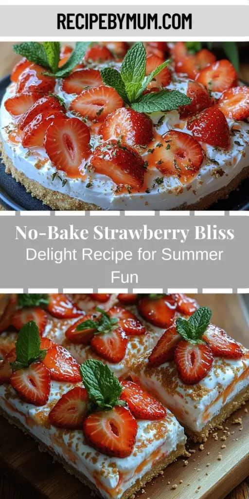 Discover the ultimate summer treat with this refreshing no-bake Strawberry Bliss Delight! This simple and delightful dessert features layers of creamy filling, fresh strawberries, and a crunchy graham cracker crust. Perfect for gatherings or a sweet indulgence at home, this recipe requires minimal effort and showcases the vibrant flavors of strawberries. Whip up this crowd-pleaser and enjoy a taste of summer in every bite!