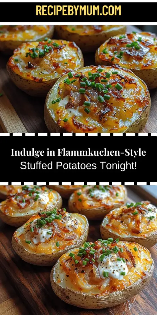Discover the delicious twist on a classic with Flammkuchen-Style Stuffed Potatoes! This comforting dish combines fluffy baked potatoes with the rich flavors of crème fraîche, smoky bacon, and melted Gruyère cheese, creating a satisfying meal that's perfect for cozy nights or gatherings. Easy to customize, these stuffed potatoes can be filled with your favorite ingredients, making them a hit for family dinners or as appetizers at parties. Enjoy the delightful blend of rustic charm and hearty flavors with every bite!