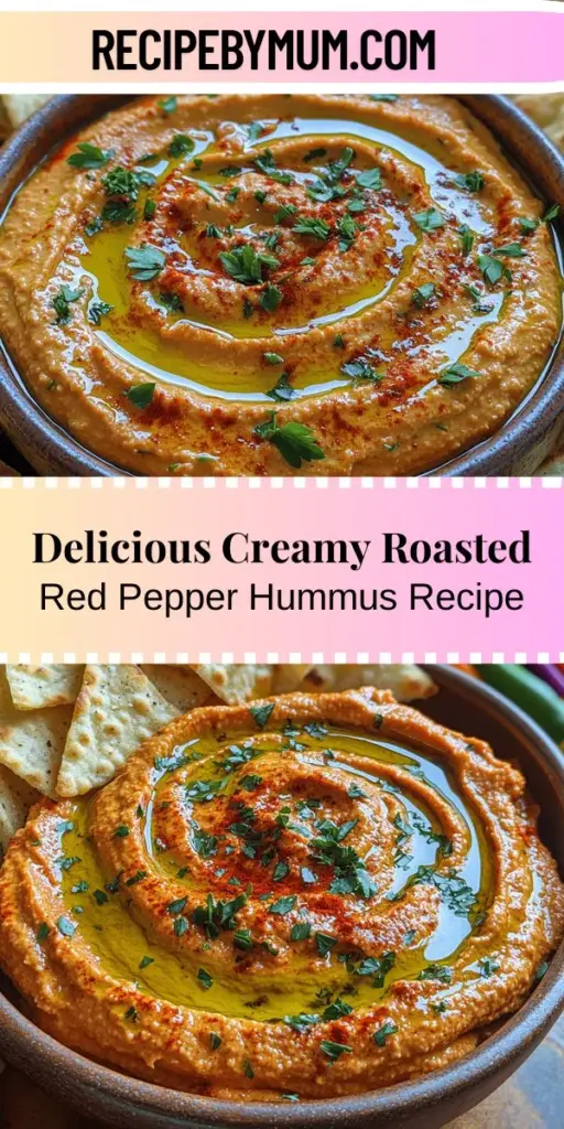 Discover the joy of making creamy roasted red pepper hummus, a delicious vegan dip that elevates the classic hummus recipe. With sweet and smoky roasted red peppers, this vibrant dip is not only beautiful but packed with nutrients. Featuring chickpeas for protein, tahini for richness, and fresh ingredients like garlic and lemon juice, it's perfect for parties or snacking. Enjoy with pita chips or veggies for a healthy treat that's sure to impress!