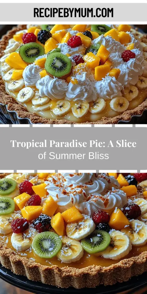 Transport your taste buds to a sunny beach with this Tropical Paradise Pie! This vibrant dessert combines the sweetness of fresh fruits like bananas and mango, the creamy richness of coconut milk, and the tangy brightness of pineapple juice. With a crunchy graham cracker and coconut crust, it's topped with fluffy whipped cream and fresh fruit, making it a stunning centerpiece for any summer gathering. Perfect for warm days, this pie offers a refreshing escape with every delicious slice. Try this easy recipe and enjoy a taste of paradise!