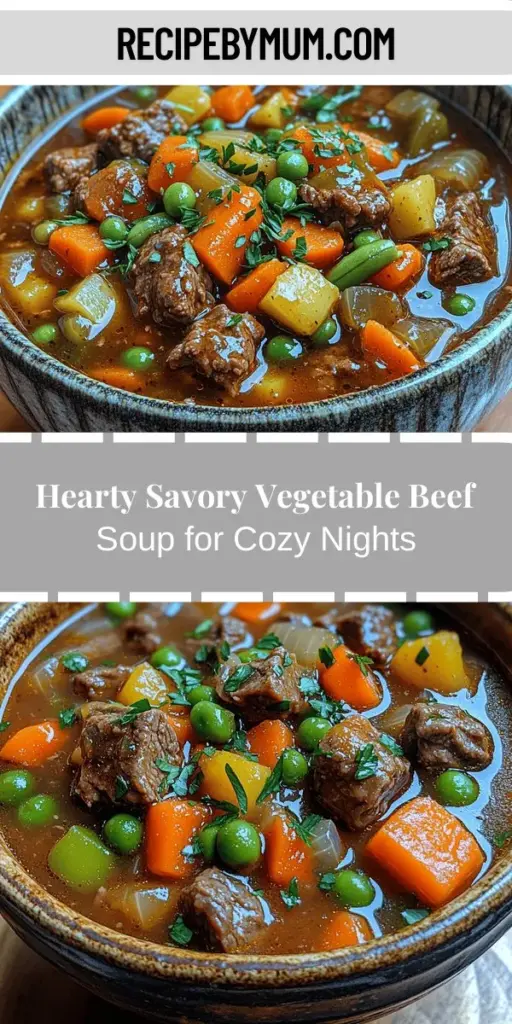 Warm up your winter nights with a bowl of Savory Vegetable Beef Soup, a comforting dish that combines tender beef and vibrant vegetables. This hearty recipe not only fills your belly but also nourishes your soul with rich flavors and wholesome ingredients. Perfect for family dinners or cozy evenings, homemade soup brings everyone together. Discover how to customize this recipe to suit your taste and dietary needs, creating lasting memories over shared meals. Enjoy the simple pleasure of crafting this beloved dish from scratch.
