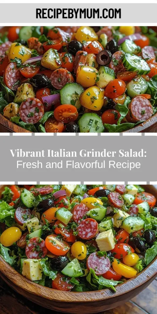 Discover the vibrant flavors of Italian cuisine with the Italian Grinder Salad, a refreshing dish perfect for any occasion. This salad combines crisp Romaine lettuce, juicy cherry tomatoes, crunchy cucumbers, zesty red onions, and savory cured meats topped with creamy provolone cheese. With its colorful presentation and nutritious ingredients, this dish is not only a feast for the eyes but also a healthy choice. Enjoy it as a light lunch, a side at dinner, or pack it for a picnic!