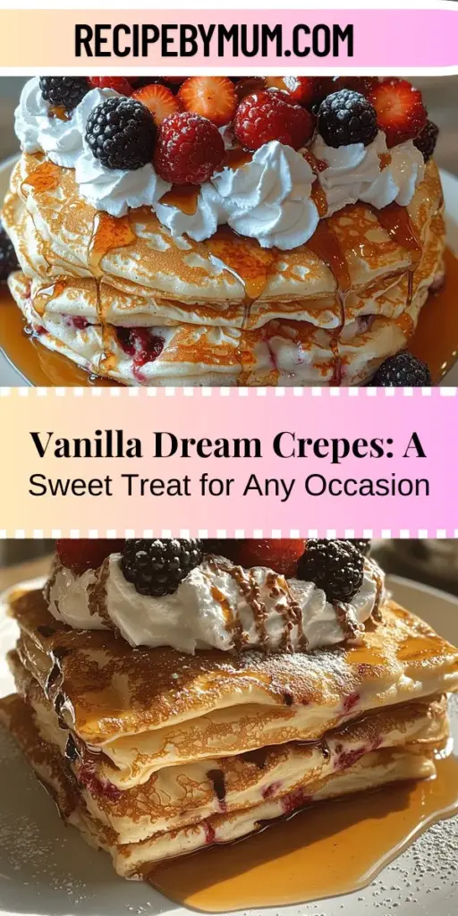Discover the joy of making Vanilla Dream Crepes with this delightful recipe that brings the charm of Parisian streets right to your kitchen! These versatile crepes are perfect for breakfast, brunch, or dessert, featuring a rich vanilla flavor and delicate texture. With just a few simple ingredients, you'll learn to create light, tender crepes that can be filled with your favorite toppings. Elevate your cooking skills and impress your guests with this indulgent treat!