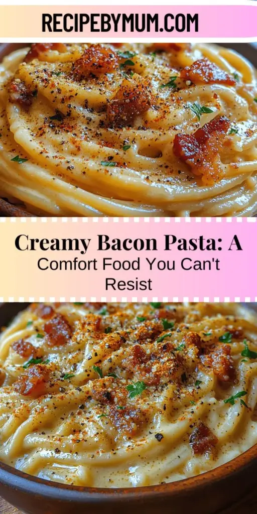 Discover the ultimate comfort food with Creamy Bacon Pasta Delight! This indulgent dish features perfectly cooked pasta smothered in a rich, creamy sauce infused with crispy bacon and fresh garlic. It's a delightful combination of flavors and textures that will satisfy your cravings. Ideal for quick weeknight dinners or special occasions, this recipe allows for customization with fresh ingredients or vegetables. Elevate your pasta game and impress your loved ones!