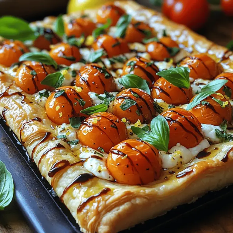 There's something undeniably delightful about a tart that celebrates the vibrant flavors of summer. The Sun-Kissed Roasted Cherry Tomato Tart is a culinary masterpiece that transforms simple ingredients into a symphony of taste. This tart not only showcases the beauty of seasonal produce but also highlights the importance of balance in texture and flavor—crispy, flaky pastry paired with juicy, roasted tomatoes, creamy cheese, and aromatic herbs. This dish is perfect for brunch, a light dinner, or even as an appetizer at gatherings, making it a versatile addition to your recipe repertoire.