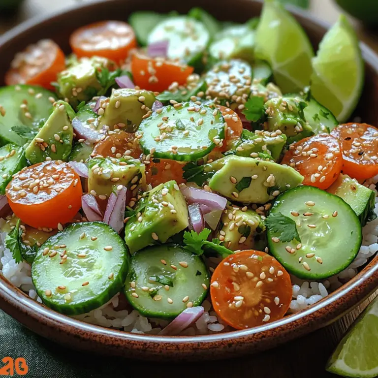 The Refreshing Cucumber Avocado Rice Bowl is a vibrant dish that captures the essence of fresh ingredients and is designed to tantalize your taste buds while nourishing your body. This bowl not only bursts with flavor but also showcases a delightful combination of textures, making it an appealing meal for any time of day. Whether you’re looking for a quick lunch, a light dinner, or a nutritious snack, this rice bowl is versatile enough to suit various occasions and dietary preferences.