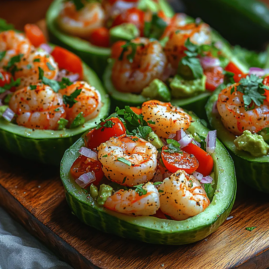 Shrimp Avocado Cucumber Boats are a vibrant, refreshing dish that perfectly embodies the essence of a light appetizer or meal. Combining succulent shrimp, creamy avocado, and crisp cucumbers, this dish is not only visually appealing but is also a feast for the senses. The delightful contrast of textures—from the crunchy cucumbers to the tender shrimp and smooth avocado—makes each bite an experience worth savoring.