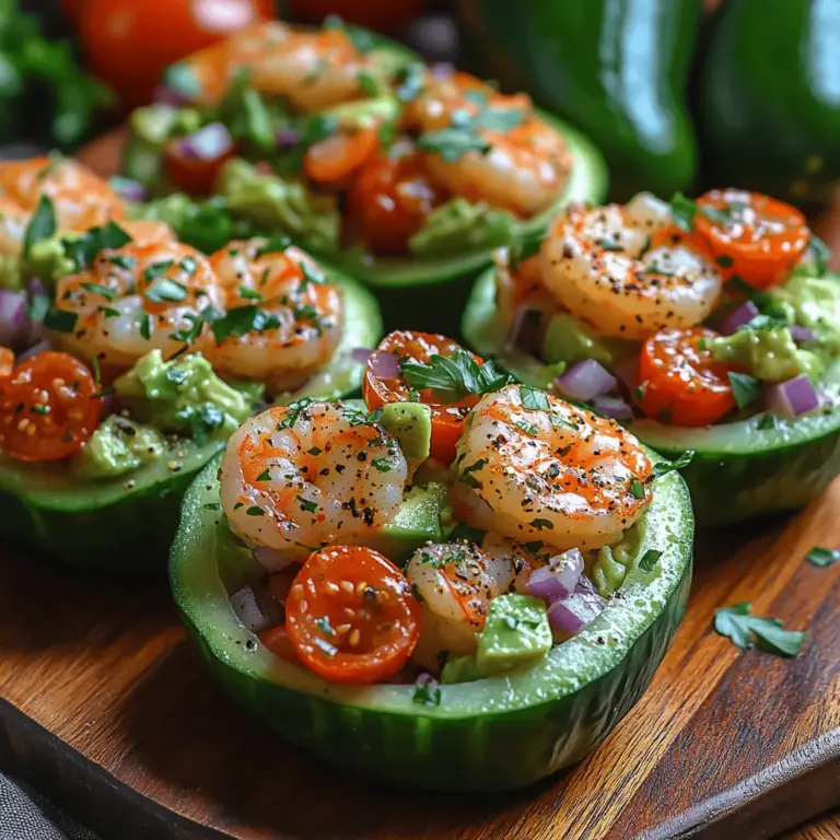 Shrimp Avocado Cucumber Boats are a vibrant, refreshing dish that perfectly embodies the essence of a light appetizer or meal. Combining succulent shrimp, creamy avocado, and crisp cucumbers, this dish is not only visually appealing but is also a feast for the senses. The delightful contrast of textures—from the crunchy cucumbers to the tender shrimp and smooth avocado—makes each bite an experience worth savoring.