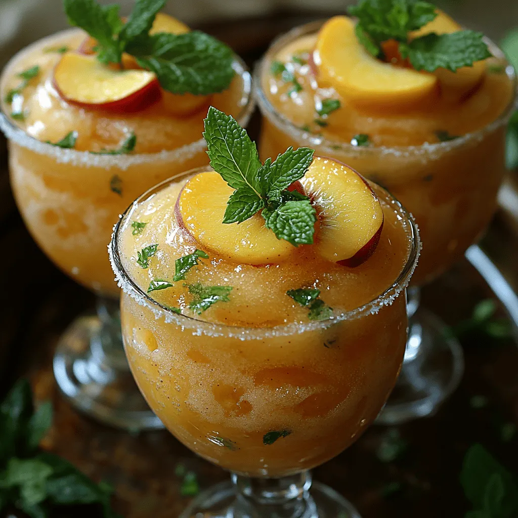 As the sun blazes down and the temperatures rise, nothing quenches your thirst quite like a refreshing slushie. These icy beverages have become synonymous with summer, providing a delightful respite from the heat. Whether enjoyed at a beachside bar or crafted at home, slushies offer a playful twist on traditional drinks, making them a favorite for gatherings, picnics, or simply a relaxing day by the pool. Among the myriad of slushie creations, the <strong>Peachy Frozen Bellini Bliss Slushies</strong> stand out as an irresistible option, combining the classic flavors of a Bellini cocktail with the fun, frosty texture of a slushie.” /></p>
</p>
<h3>Preparing Serving Glasses</h3>
</p>
<p>One of the simplest yet most impactful ways to elevate your Peachy Frozen Bellini Bliss Slushies is by properly preparing your serving glasses. Chilling the glasses not only enhances the visual appeal of your drink but also keeps it cold for longer, allowing your guests to fully enjoy the refreshing flavors without the slushie melting too quickly.</p>
</p>
<p>To chill your glasses, simply place them in the freezer for about 15-20 minutes before serving. You can also dip the rims in water and then sugar to create a frosted effect, which adds an extra touch of elegance. This technique is particularly effective for showcasing the vibrant colors of your slushies, making them even more enticing.</p>
</p>
<h3>Serving Suggestions</h3>
</p>
<p>When it comes to serving your Peachy Frozen Bellini Bliss Slushies, presentation is key. Here are some tips to ensure your drinks look as good as they taste:</p>
</p>
<p>1. <strong>Layering</strong>: Consider creating a layered effect by pouring the slushie mixture slowly into the glass. Start with a peach layer and then top it with a sparkling wine layer. This not only looks stunning but also offers a delightful mix of flavors as you sip.</p>
</p>
<p>2. <strong>Glassware</strong>: Use clear glasses to showcase the beautiful colors of your slushies. Elegant champagne flutes or tall cocktail glasses work wonderfully, providing a sophisticated touch to your presentation.</p>
</p>
<p>3. <strong>Straws and Stir Sticks</strong>: Add a colorful straw or a decorative stir stick to each glass. Not only do these accessories enhance the presentation, but they also make it easier for guests to enjoy their drinks.</p>
</p>
<h3>Garnishing the Slushies</h3>
</p>
<p>Garnishing your slushies can elevate their flavor and visual appeal significantly. Here are some creative ideas to enhance your Peachy Frozen Bellini Bliss Slushies:</p>
</p>
<p>1. <strong>Fresh Fruit</strong>: Top each slushie with thin slices of fresh peaches or other seasonal fruits like strawberries or raspberries. This not only adds texture but also complements the fruity flavors of the drink.</p>
</p>
<p>2. <strong>Herbs</strong>: A sprig of mint or basil can provide a fresh aroma and a pop of color. Simply place a small sprig on top or attach it to the rim of the glass.</p>
</p>
<p>3. <strong>Edible Flowers</strong>: For a touch of elegance, consider garnishing with edible flowers. They add a unique visual element that can impress your guests during special occasions.</p>
</p>
<p>4. <strong>Citrus Zest</strong>: A sprinkle of lemon or lime zest on top can add a burst of citrus aroma and flavor, enhancing the overall experience of the slushie.</p>
</p>
<h3>Nutritional Information</h3>
</p>
<p>The Peachy Frozen Bellini Bliss Slushies are not only delicious but can also be a healthier alternative to many sugary cocktails. Here’s an overview of the health benefits of the ingredients, as well as a caloric breakdown:</p>
</p>
<p>– <strong>Peaches</strong>: Rich in vitamins A and C, peaches are low in calories and high in antioxidants, which are great for skin health and boosting the immune system.</p>
</p>
<p>– <strong>Sparkling Wine</strong>: When enjoyed in moderation, sparkling wine can provide antioxidants and may have some heart health benefits.</p>
</p>
<p>– <strong>Honey or Agave Nectar</strong>: These natural sweeteners can be used in moderation to enhance flavor without the refined sugars found in many syrups. You can also adjust the sweetness to your preference, making it easy to create a lighter drink.</p>
</p>
<p><strong>Caloric Breakdown</strong>: A standard serving of the Peachy Frozen Bellini Bliss Slushies contains approximately 150-200 calories, depending on the amount of sweetener and wine used. For a lighter option, consider reducing the quantity of honey or using sparkling water instead of wine in the non-alcoholic version.</p>
</p>
<p><strong>Possible Health Modifications</strong>: You can easily modify this recipe for a healthier version by using less sweetener or opting for a sugar-free sparkling alternative. Additionally, substituting fresh fruit purees can enhance flavor without unnecessary added sugars.</p>
</p>
<h3>Perfect Occasions for Peachy Frozen Bellini Bliss Slushies</h3>
</p>
<p>The versatility of Peachy Frozen Bellini Bliss Slushies makes them perfect for a variety of occasions:</p>
</p>
<p>– <strong>Summer Gatherings and Barbecues</strong>: These slushies are a refreshing treat on warm summer days. Serve them at backyard barbecues or pool parties to keep your guests cool and satisfied.</p>
</p>
<p>– <strong>Special Occasions</strong>: Whether you’re hosting a bridal shower, birthday party, or brunch with friends, these slushies add a festive touch. Their vibrant colors and refreshing taste make them a hit at any celebration.</p>
</p>
<p>– <strong>Cozy Nights In</strong>: There’s nothing quite like enjoying a Peachy Frozen Bellini Bliss Slushie while relaxing at home. They make for a delightful evening treat, especially when paired with light snacks or desserts.</p>
</p>
<h3>Variations on the Classic Recipe</h3>
</p>
<p>Once you’ve mastered the classic version of the Peachy Frozen Bellini Bliss Slushies, consider trying these variations to keep the recipe fresh and exciting:</p>
</p>
<p>1. <strong>Alternative Fruits</strong>: While peaches are the star of this recipe, you can experiment with other fruits like strawberries, raspberries, or even mangoes. Each fruit will impart its unique flavors and colors, making for a delightful twist.</p>
</p>
<p>2. <strong>Non-Alcoholic Version</strong>: For a family-friendly treat, simply omit the sparkling wine and replace it with sparkling water or a non-alcoholic sparkling beverage. This version is just as refreshing and perfect for all ages.</p>
</p>
<p>3. <strong>Seasonal Variations</strong>: Adjust the recipe seasonally by incorporating fruits that are in season. For example, in the fall, you might use apples or pears, while in winter, citrus fruits like oranges or grapefruits can add a refreshing twist.</p>
</p>
<h3>Conclusion</h3>
</p>
<p>In summary, the Peachy Frozen Bellini Bliss Slushies are a deliciously refreshing beverage that’s perfect for any occasion. Their vibrant flavors and elegant presentation make them not only a treat for the taste buds but also a feast for the eyes. This recipe lends itself to experimentation, so feel free to modify it to suit your taste or the season.</p>
</p>
<p>Whether you’re serving them at a summer gathering, a special celebration, or simply enjoying a cozy night at home, these slushies are sure to be a hit. So gather your ingredients, chill those glasses, and get ready to share the joy of these delightful slushies with friends and family. Remember, there’s nothing quite like a refreshing beverage to enhance the enjoyment of warm weather and create lasting memories.</p>
</div>