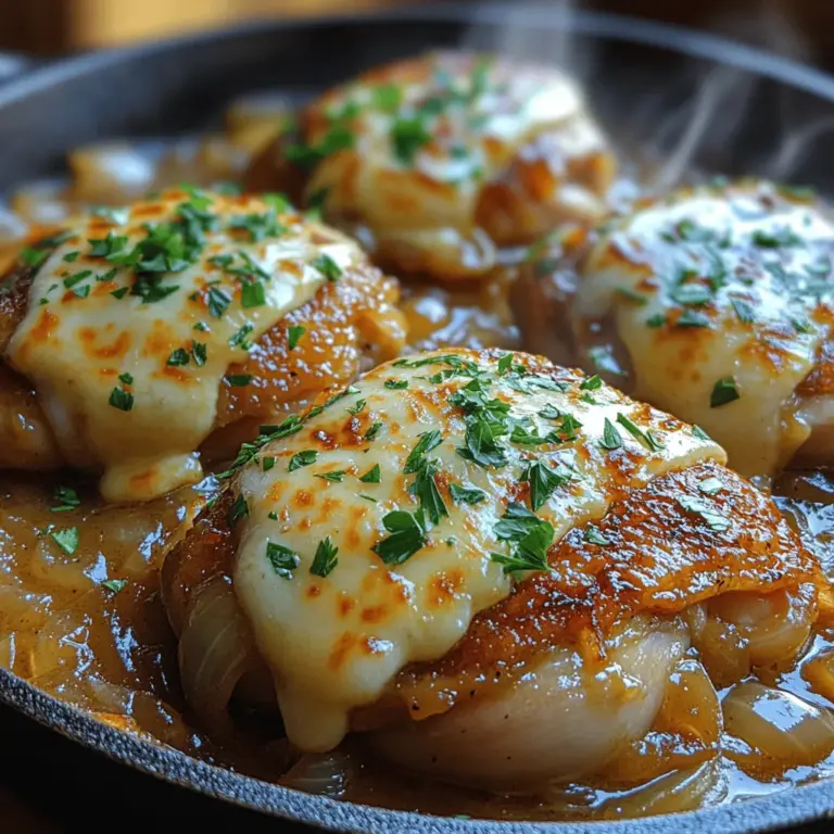 If you're searching for a weeknight dinner that is both comforting and easy to prepare, look no further than the French Onion Chicken Skillet Delight. This dish brings together the rich and beloved flavors of classic French onion soup, seamlessly paired with succulent chicken thighs. Imagine tender chicken simmered in a savory broth, coated with caramelized onions, aromatic garlic, and a generous sprinkle of melted Gruyère cheese. It’s a one-pan meal that not only satisfies the taste buds but also makes cleanup a breeze.