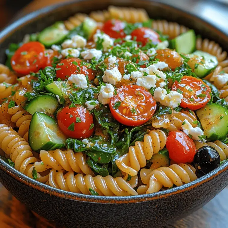 If you're looking for a refreshing and nutritious dish that can be enjoyed any time of the year, the Chilled Spinach Feta Delight is the perfect choice. This vibrant salad combines the crispness of fresh vegetables, the creaminess of feta cheese, and the satisfying texture of pasta, creating a dish that is as visually appealing as it is delicious. Whether served as a side at your next barbecue or as a main course for a light lunch, this delightful recipe is versatile enough to fit various occasions.