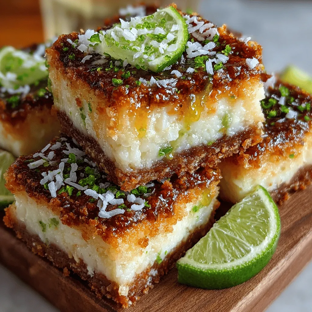 To prepare the base for your Coconut Lime Bliss Bars, begin by mixing together the crust ingredients. In a large mixing bowl, combine the graham cracker crumbs, melted coconut oil, and a hint of sweetener. The key here is to achieve the right texture. You want the mixture to resemble wet sand, which will allow it to hold together when pressed into the pan.