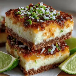 To prepare the base for your Coconut Lime Bliss Bars, begin by mixing together the crust ingredients. In a large mixing bowl, combine the graham cracker crumbs, melted coconut oil, and a hint of sweetener. The key here is to achieve the right texture. You want the mixture to resemble wet sand, which will allow it to hold together when pressed into the pan.