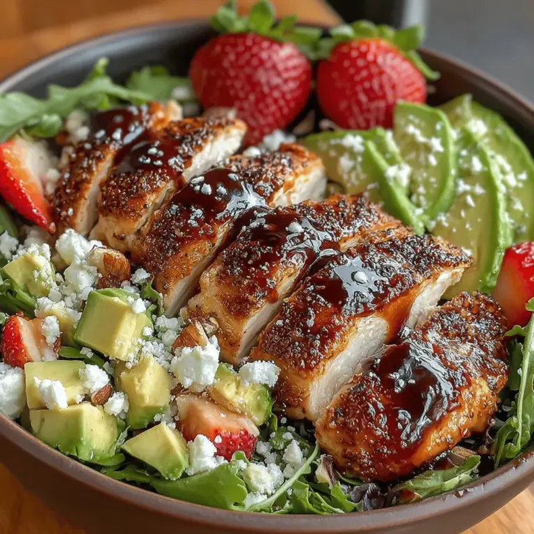 In the world of salads, few combinations are as delightful and refreshing as the Balsamic Roasted Strawberry Chicken Salad. This dish artfully marries the sweetness of roasted strawberries with the savory goodness of grilled chicken, creating a harmonious blend of flavors that tantalize the taste buds. The vibrant colors and textures make it not only a feast for the palate but also a visual delight, perfect for impressing guests at dinner parties or simply enjoying a light lunch on a warm day.