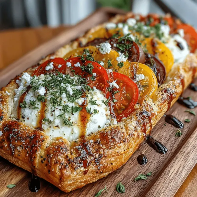 The Sun-Kissed Savory Tomato Tart is not just a dish; it’s a celebration of vibrant flavors and fresh, seasonal ingredients. This tart is a delightful canvas that showcases the natural sweetness of ripe tomatoes, balanced beautifully with creamy cheeses and the flaky, buttery texture of puff pastry. Whether served as an elegant appetizer at a gathering, a light main dish for a picnic, or a comforting dinner at home, this recipe is versatile enough to fit any occasion.