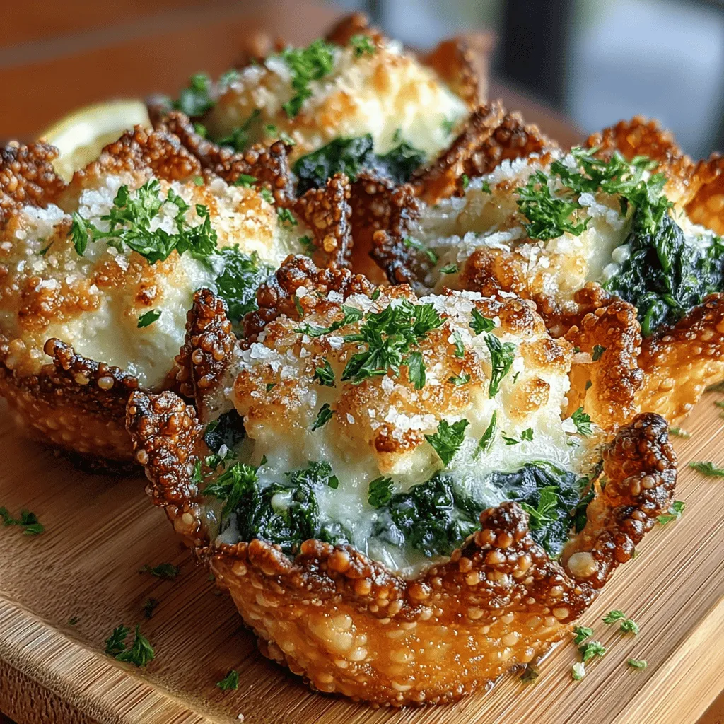 Baked Feta & Spinach Wonton Cups are a delightful twist on traditional appetizers, merging the creamy, tangy richness of feta and ricotta cheese with the vibrant, earthy flavor of fresh spinach. This dish not only brings a burst of flavor but also presents beautifully, making it a perfect addition to any gathering—whether it’s a casual get-together, a festive holiday party, or an elegant dinner soirée. The ease of preparation combined with the sophisticated taste of these bite-sized treats ensures they'll be a hit among guests of all ages.