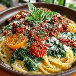 If you’re looking for a dish that embodies the essence of summer while being light and satisfying, look no further than Sun-Kissed Spinach & Tomato Pasta. This vibrant meal features an array of fresh ingredients that come together to create a delightful balance of flavors and textures. The star players—spinach and tomatoes—bring not only a burst of color to your plate but also an impressive array of nutritional benefits. Spinach is rich in iron and vitamins A, C, and K, while tomatoes are packed with antioxidants, particularly lycopene, which is known for its heart-health benefits. Together, they form a dynamic duo that elevates this pasta dish beyond the ordinary.