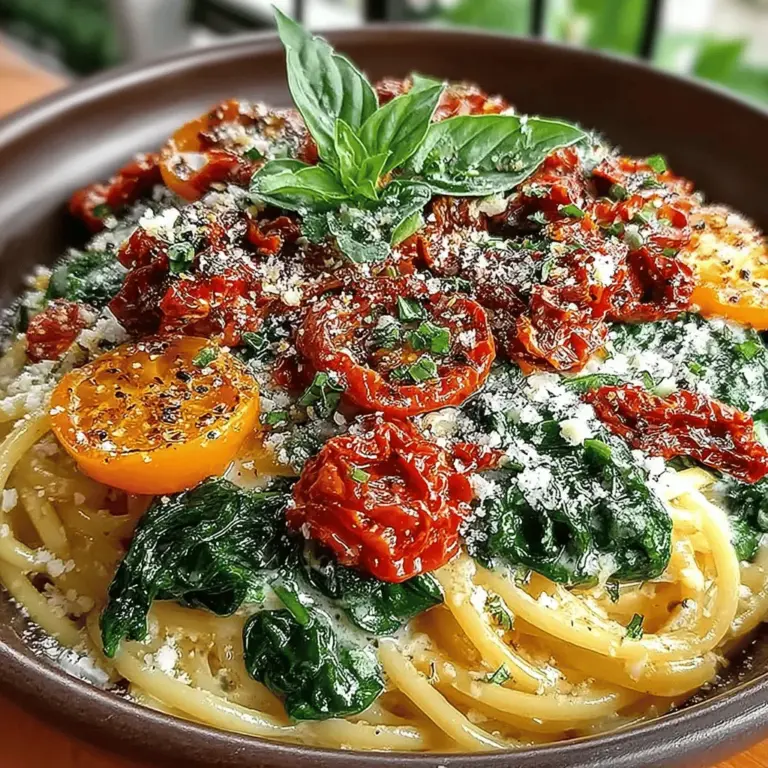 If you’re looking for a dish that embodies the essence of summer while being light and satisfying, look no further than Sun-Kissed Spinach & Tomato Pasta. This vibrant meal features an array of fresh ingredients that come together to create a delightful balance of flavors and textures. The star players—spinach and tomatoes—bring not only a burst of color to your plate but also an impressive array of nutritional benefits. Spinach is rich in iron and vitamins A, C, and K, while tomatoes are packed with antioxidants, particularly lycopene, which is known for its heart-health benefits. Together, they form a dynamic duo that elevates this pasta dish beyond the ordinary.
